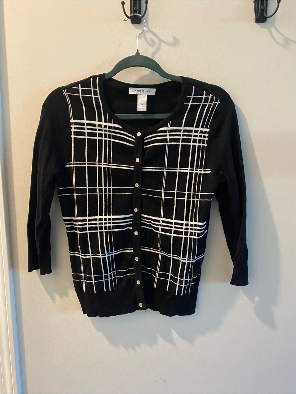White House Black Market Black Cardigan with White Grid
